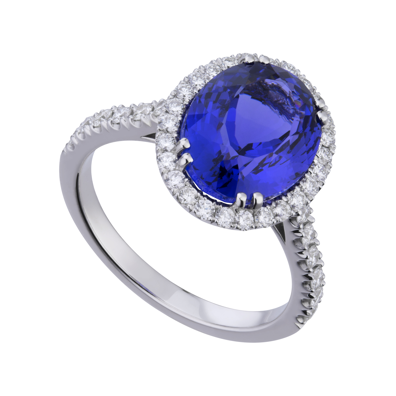 Anello Oro bianco, Tanzanite blu ovale e diamanti bianchi