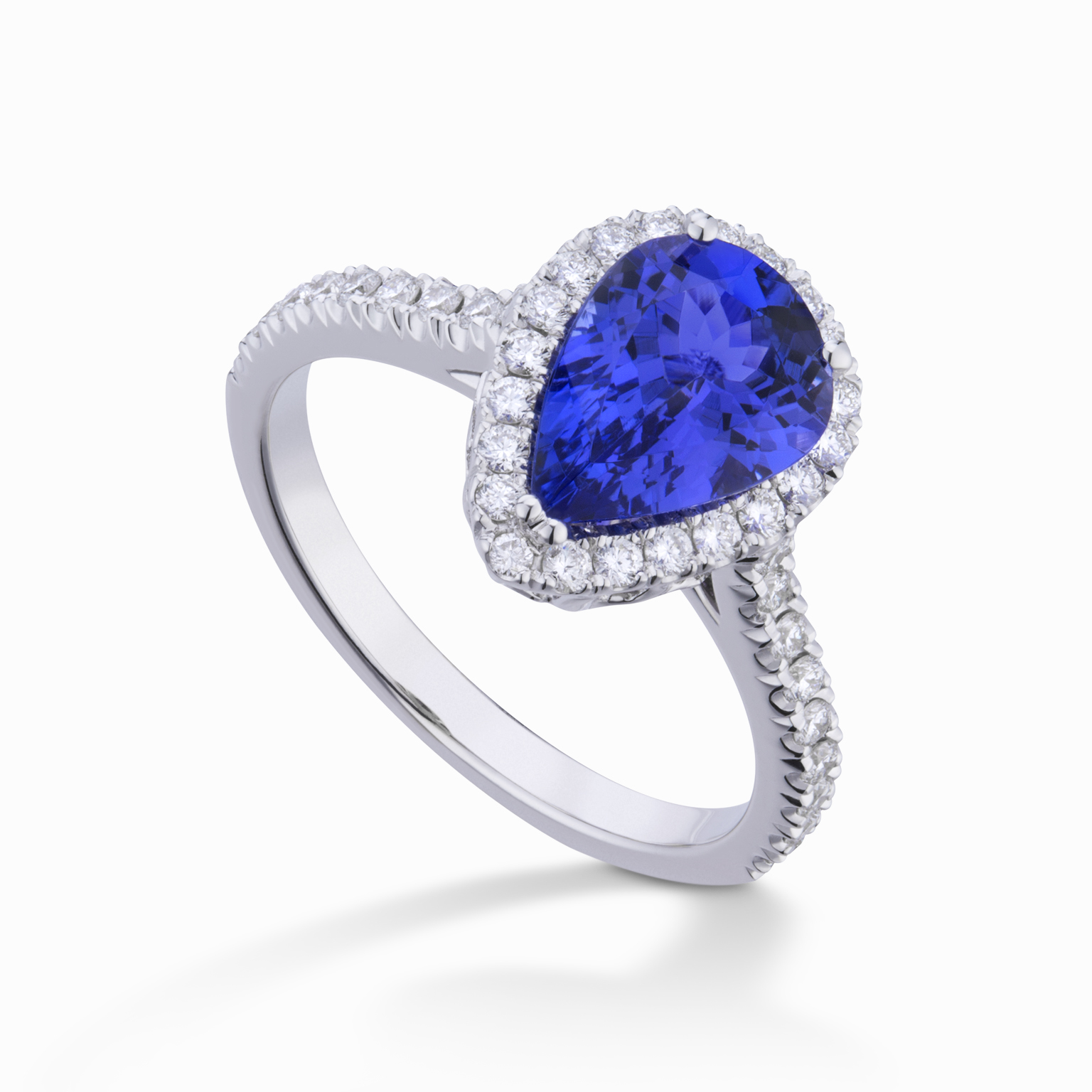 Anello Oro bianco, Tanzanite blu a goccia e diamanti bianchi