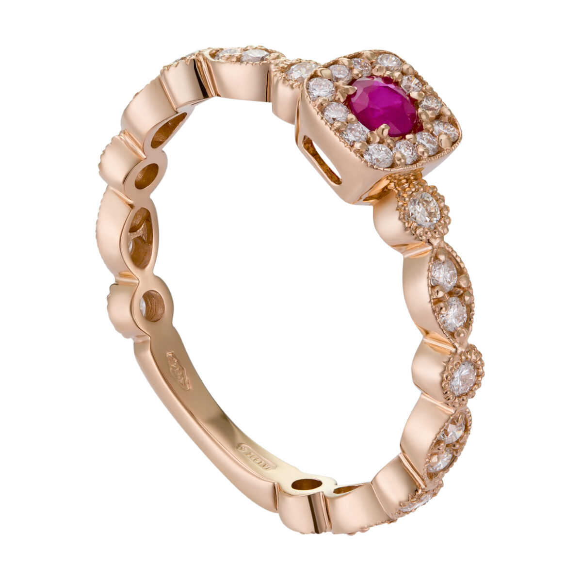 Anello Oro rosa con rubino e diamanti bianchi