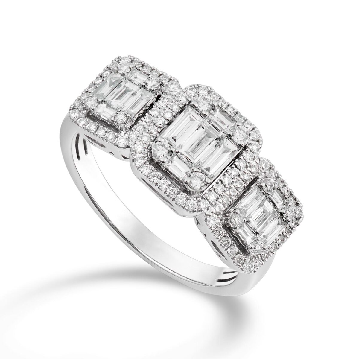 Anello Trilogy Multipietra con Diamanti taglio Brillante e Taglio baguette